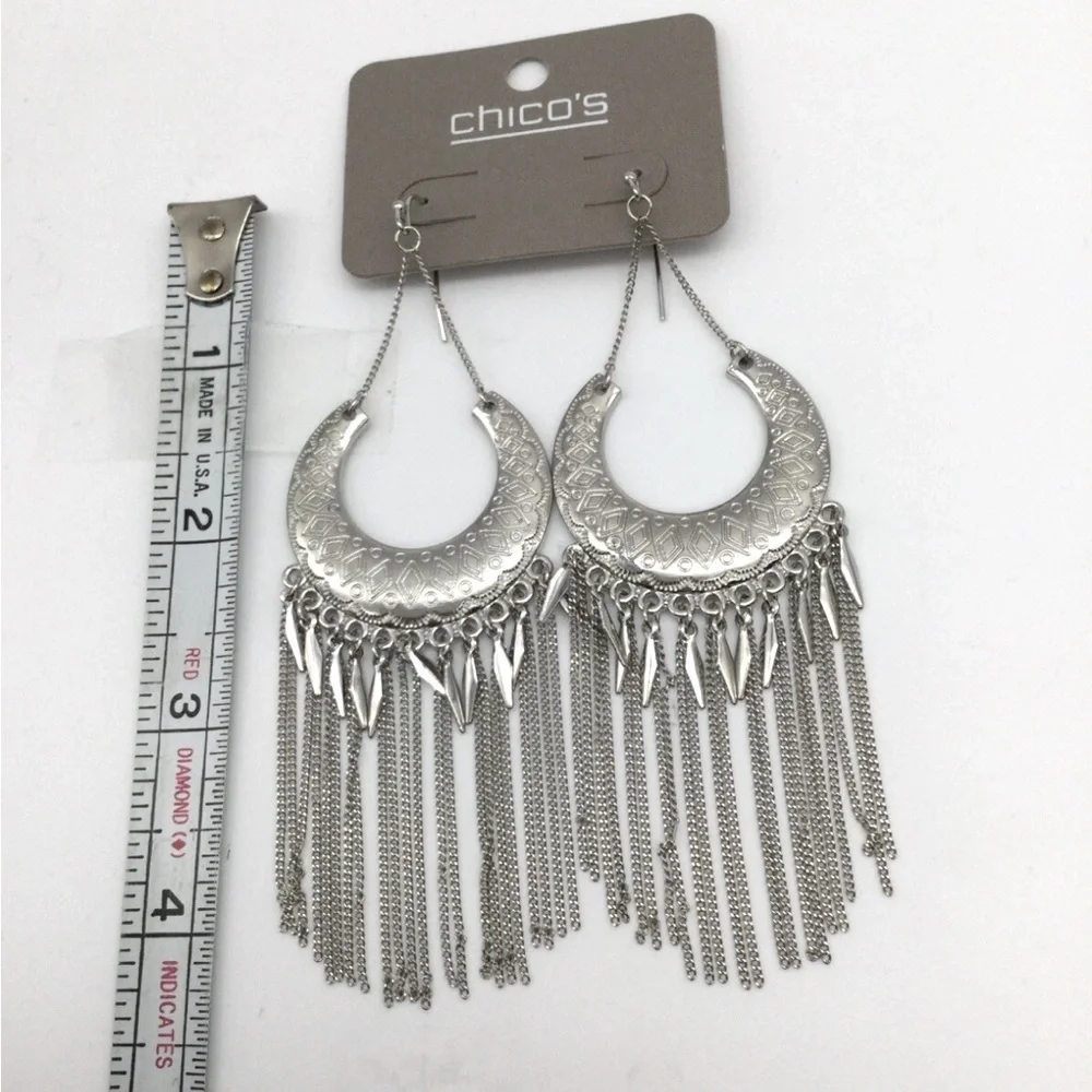 Chico's Silver Tone Crescent Dangle Earrings - Boho Chic Fringe